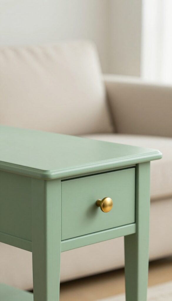 Close-up of a wooden side table being painted sage green in a bright living room with new brass knobs.