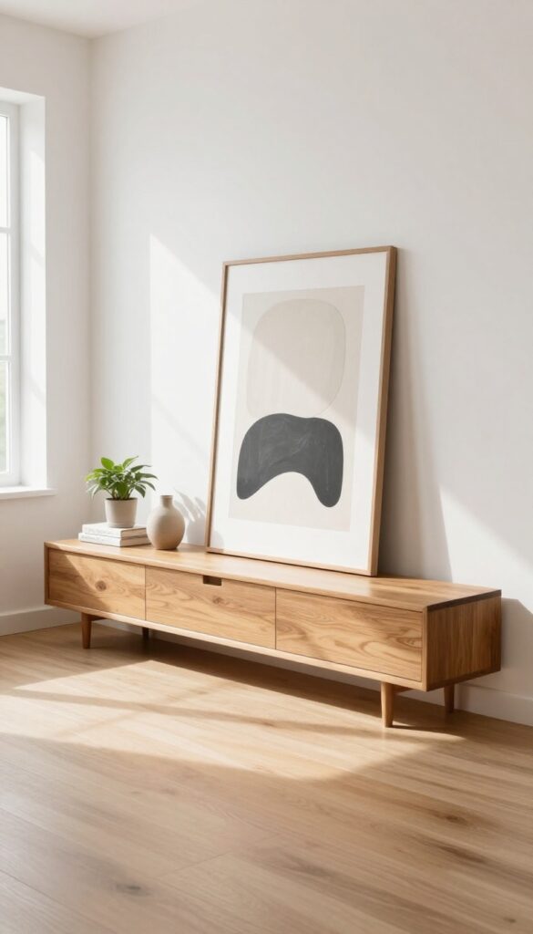 Large floor frame leaning against wall in bright living room with console table and plant