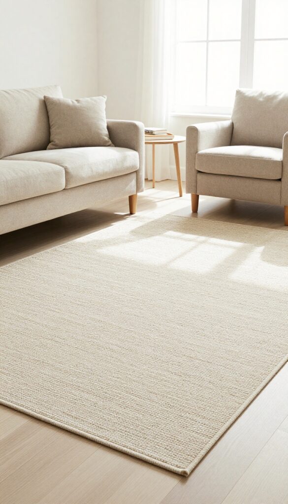 Living room with a large neutral flatweave rug defining the seating area, sofa and chairs with front legs on rug, natural light, clean and inviting.