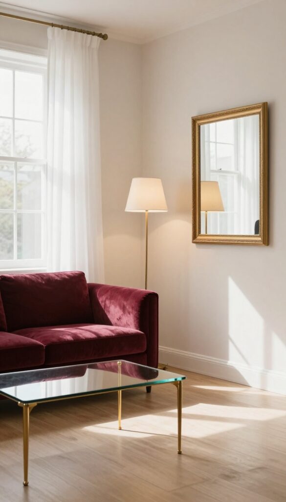 Light and airy living room with burgundy sofa, brass floor lamp, gold-framed mirror, and brass coffee table