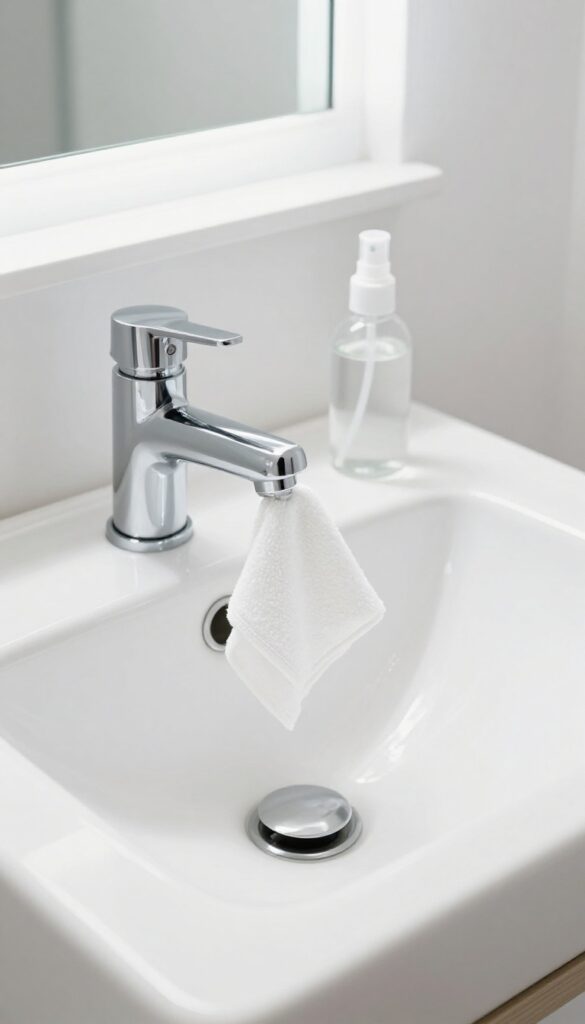Microfiber cloth draped over bathroom faucet with spray bottle nearby