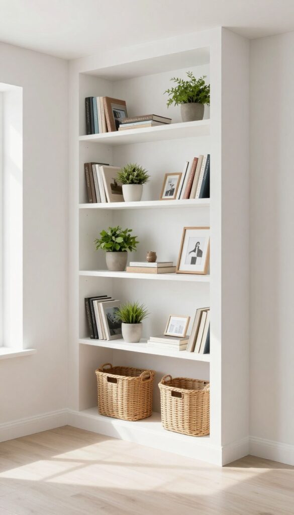 Floor-to-ceiling built-in shelves in a living room alcove with books, plants, and baskets