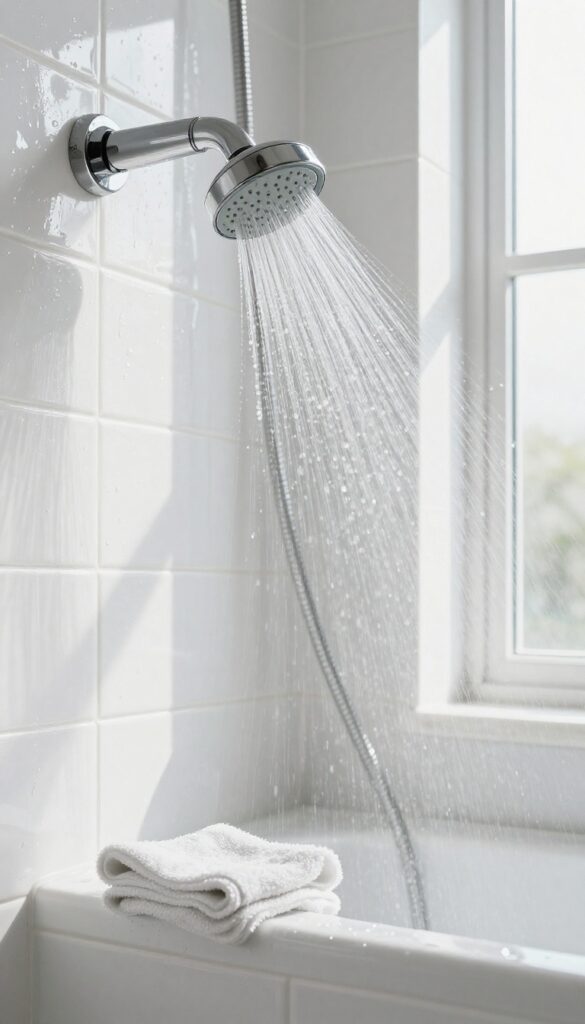 Rinsing grout in shower tile with handheld showerhead