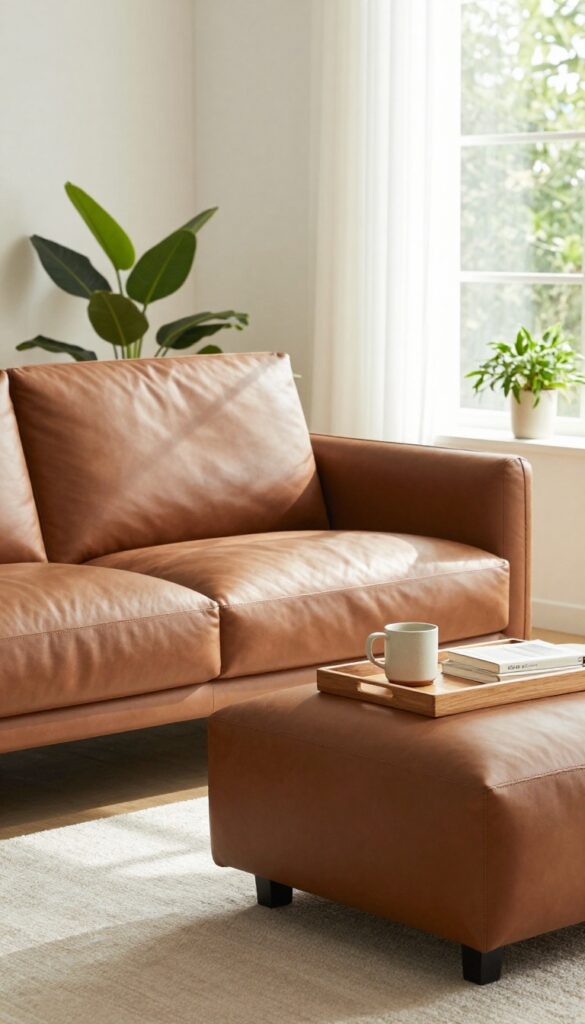 Leather ottoman paired with leather sofa in a bright, modern living room