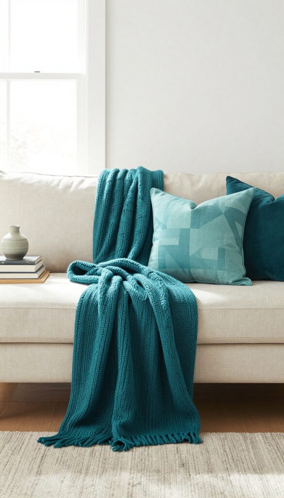 Teal throw pillows and a chunky knit blanket layered on a neutral sofa in a bright living room.