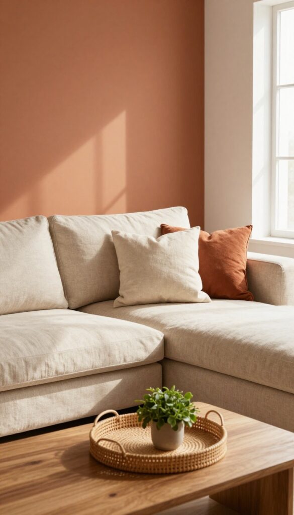 Warm terracotta accent wall behind a beige sofa in a cozy living room with natural light and wooden coffee table