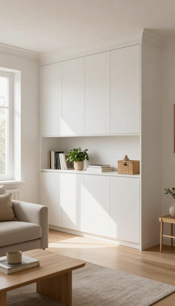 Floor-to-ceiling white IKEA Besta cabinets styled as built-in storage wall in a bright living room with natural light.