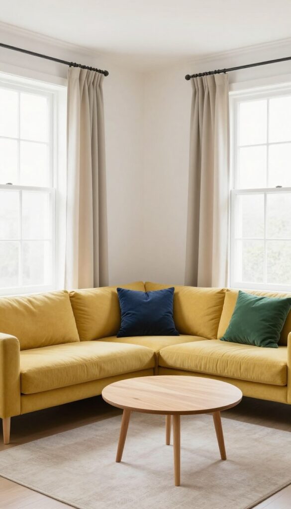 Mustard yellow corner sofa in a narrow living room with round coffee table and soft neutral decor
