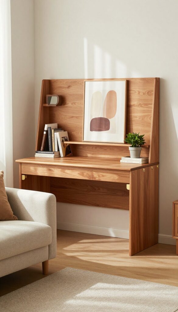Fold-down wall desk with art above in a cozy living room, closed position, warm wood tones, natural light