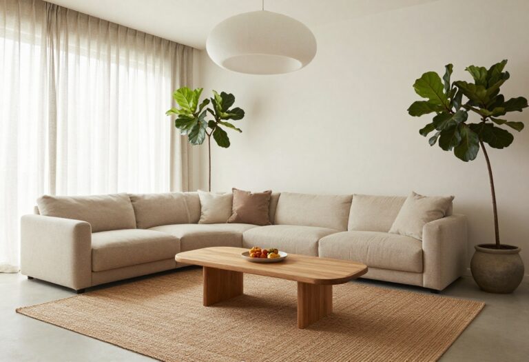 Modern living room with clean lines, beige sofa, curved coffee table, jute rug, and natural light