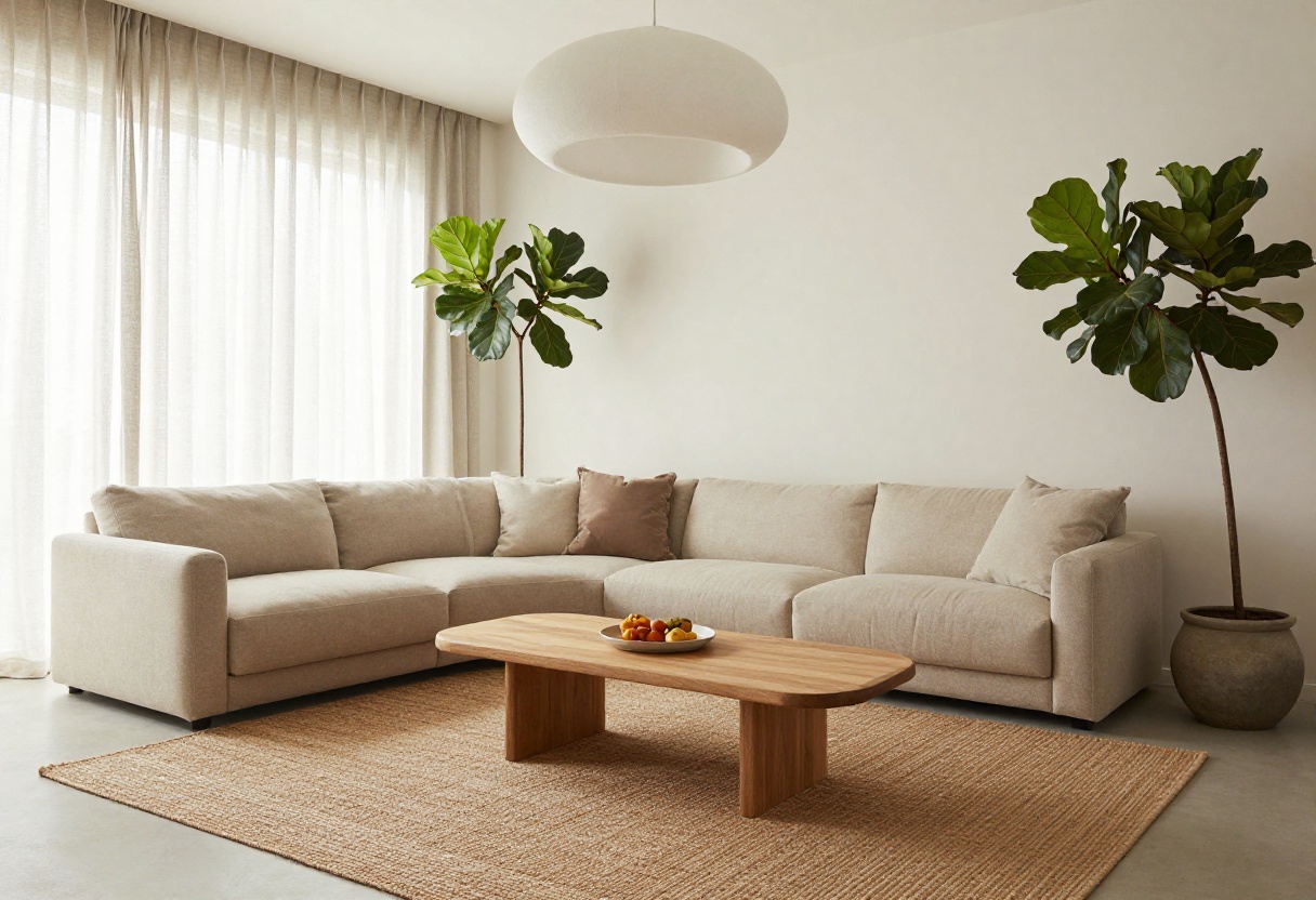 Modern living room with clean lines, beige sofa, curved coffee table, jute rug, and natural light