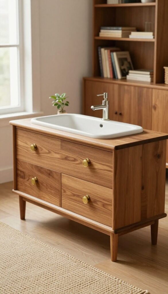 Repurposed sideboard with drop-in basin in living room corner