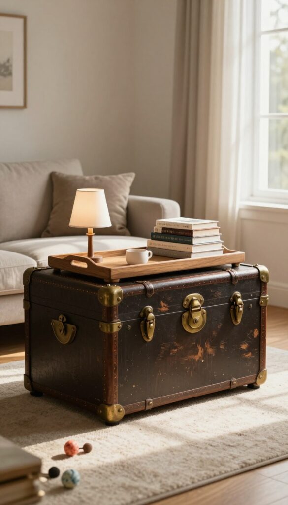 Vintage trunk used as toy storage and decor in a cozy living room with lamp and books on top