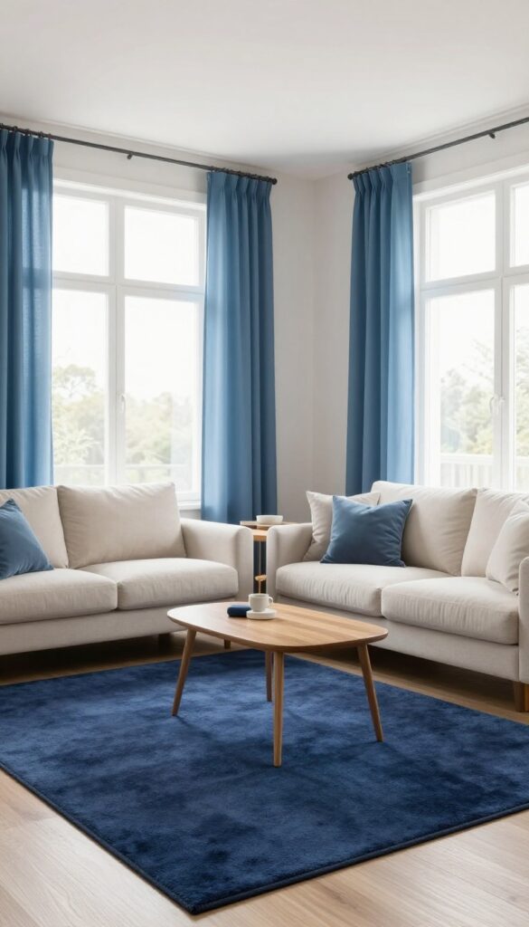 Open-concept living room with mixed blue tones, navy rug, sky-blue curtains, and warm wood accents
