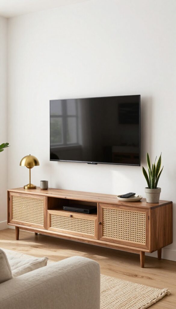 Cozy living room with walnut media console hiding clutter, styled with lamp and plant