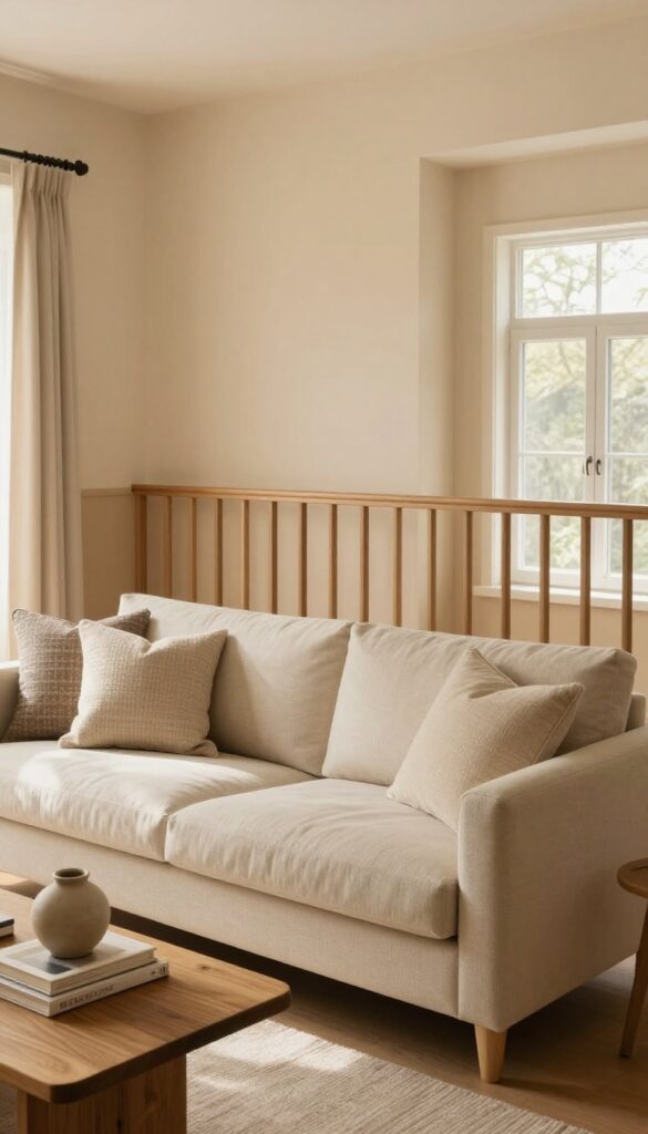 Cozy living room with chair rail molding and two-tone warm neutral paint, featuring a sofa and coffee table in natural light.