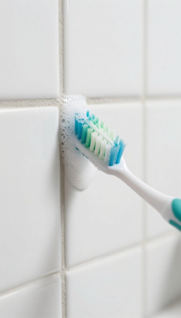 Close-up of a toothbrush scrubbing grout with dish soap suds on a white tile wall