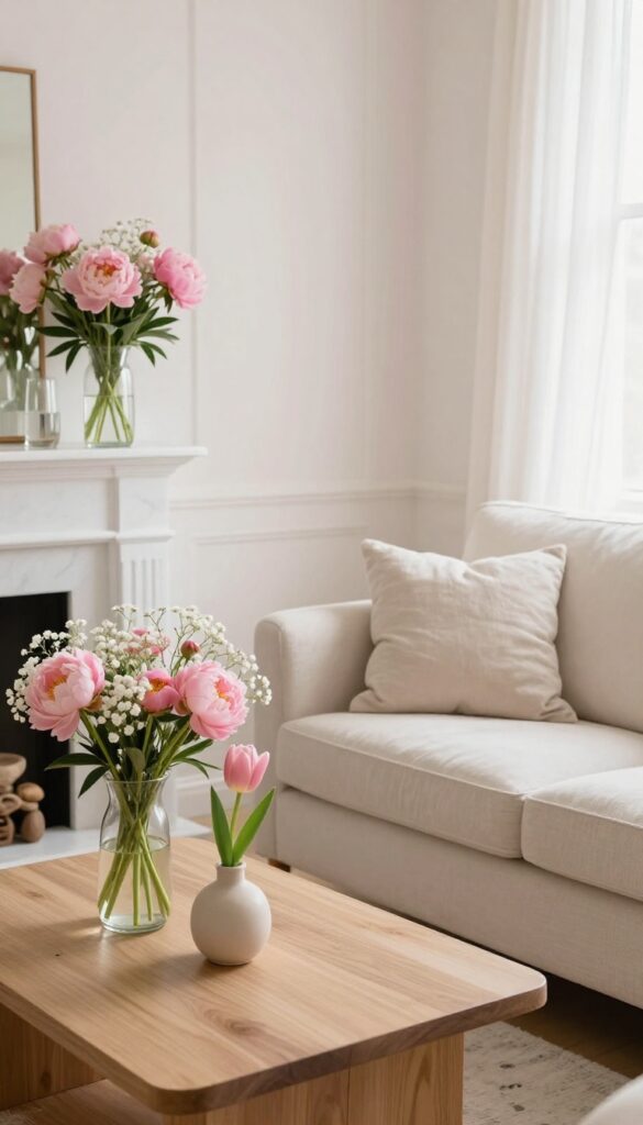 Girly living room with fresh flowers in small vases on mantel and coffee table, soft pink and cream decor, natural light
