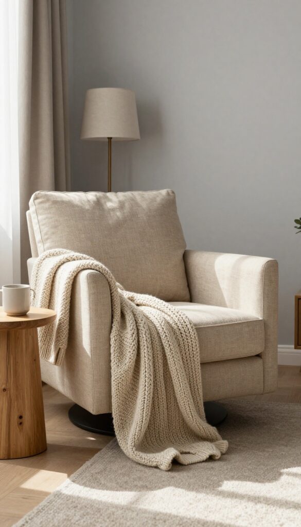 Swivel armchair in living room corner with side table and floor lamp