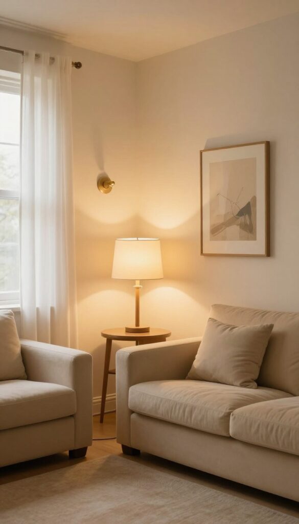 Cozy beige living room with layered warm lighting, floor lamp, table lamp, and wall sconce, small space friendly.