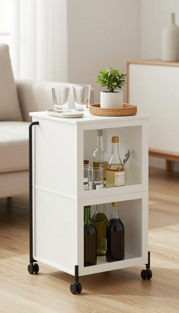 Two stacked white Eket cubes on a black metal caster stand, styled as a mobile bar cart with bottles, glasses, a small plant, and a woven tray in a bright modern living room.