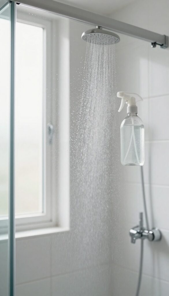 A spray bottle on a wet shower surface, illustrating daily shower spray use to prevent mildew.