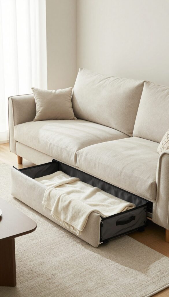 A modern sofa with a removable cover and storage bag in a bright, tidy living room