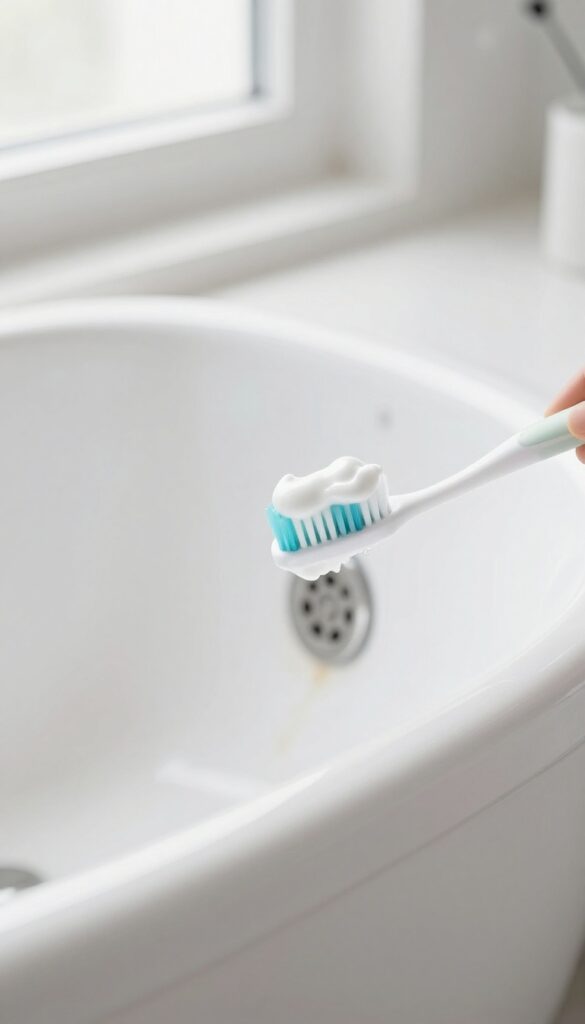 Person scrubbing a small stain on a bathtub with toothpaste and a toothbrush
