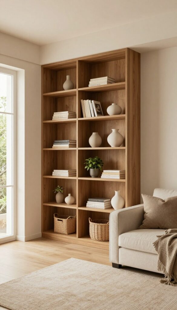 Floor-to-ceiling built-in shelving in a modern living room with warm wood tones, styled with books, ceramics, plants, and empty space for a curated look.