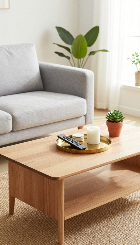 A light grey couch in a bright living room with a coffee table featuring a brass tray holding a remote, coasters, a candle, and a succulent.