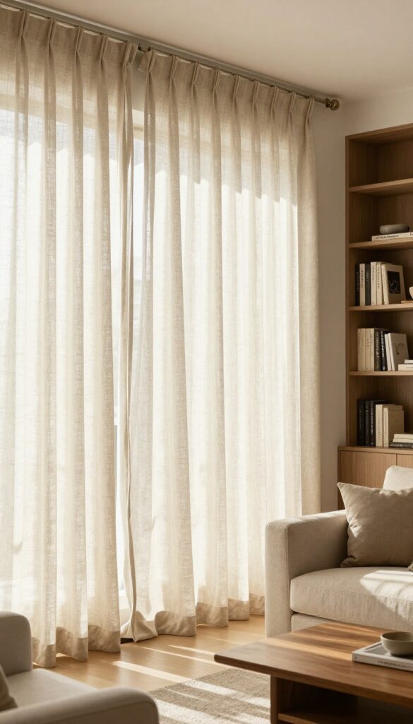 Floor-to-ceiling curtains hiding shelving in a cozy living room