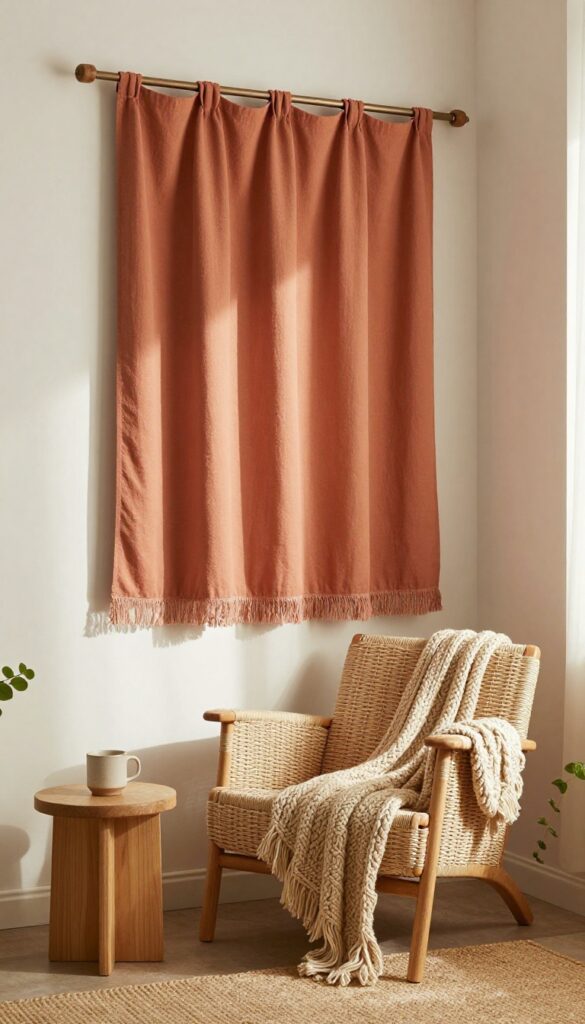 Warm boho living room with a tapestry used as a curtain, filtering soft light, cozy armchair and plants.