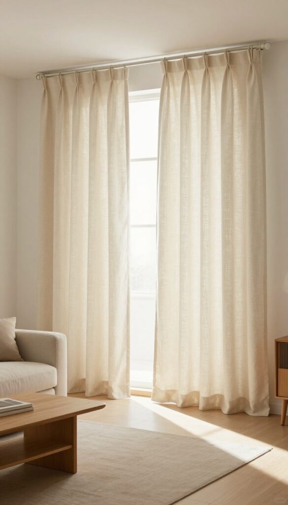 Small living room with floor-length cream linen curtains creating height and elegance.