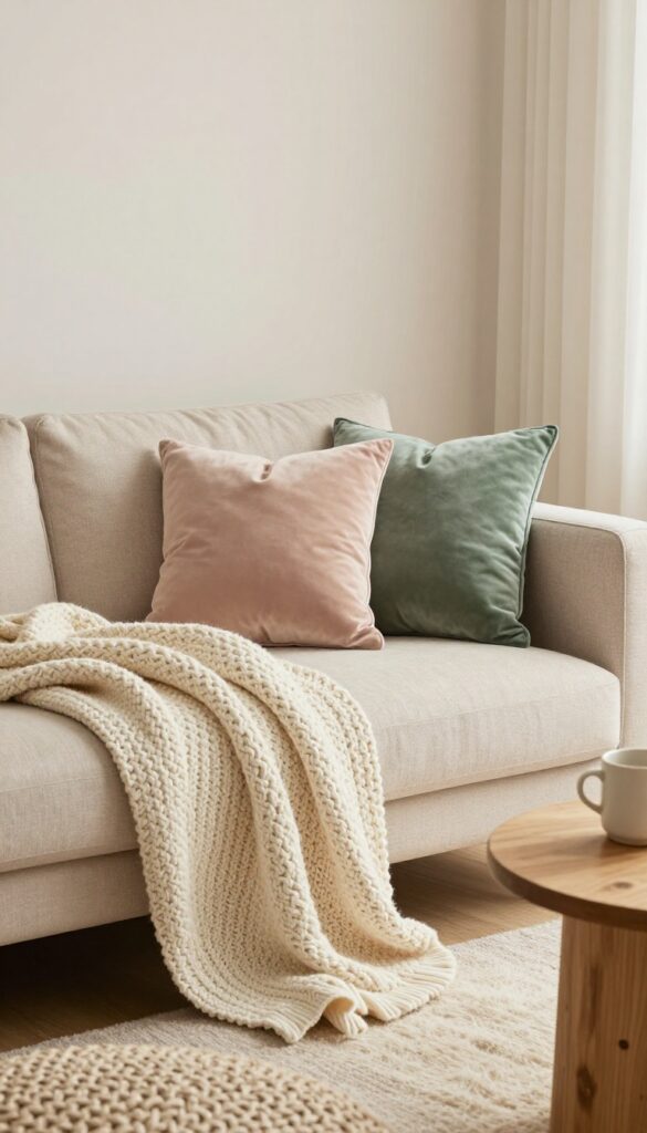 Cozy living room corner with chunky knit throw, velvet pillows, faux fur rug, and woven pouf in warm neutral tones.