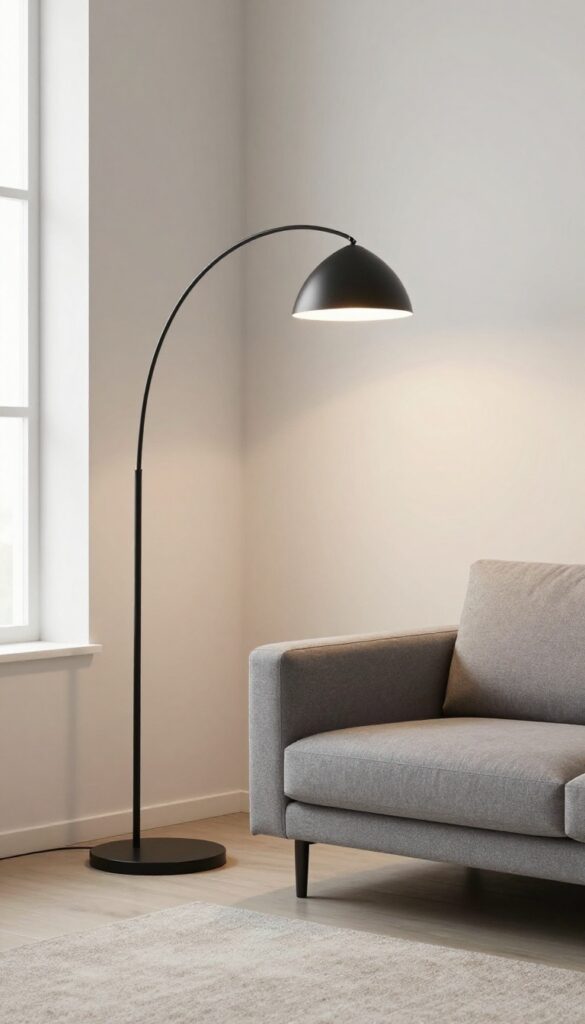 Living room with a sculptural black arc floor lamp as statement lighting, sleek and relaxed decor