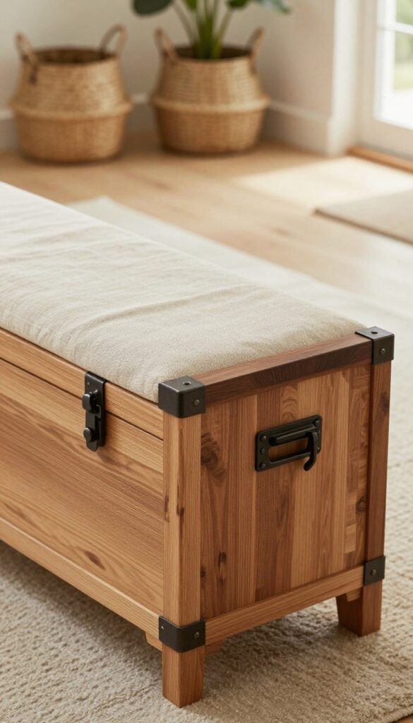 A wooden storage bench styled like a Minecraft chest in a bright entryway, with a linen cushion and rustic decor.