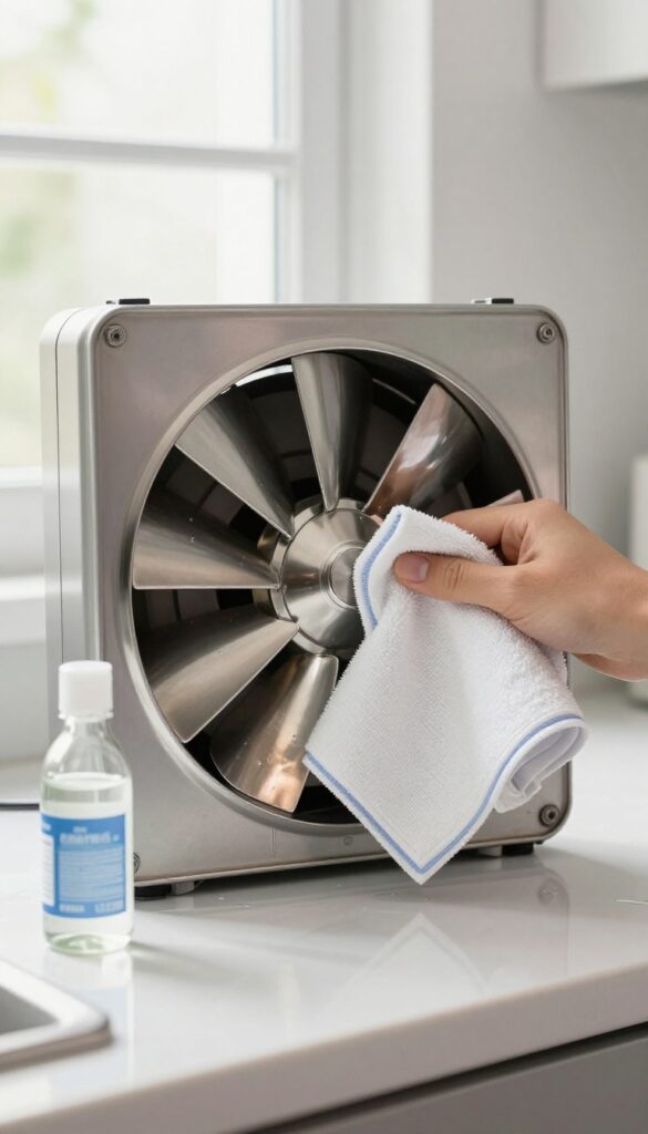 Cleaning kitchen exhaust fan blades with denatured alcohol and a microfiber cloth