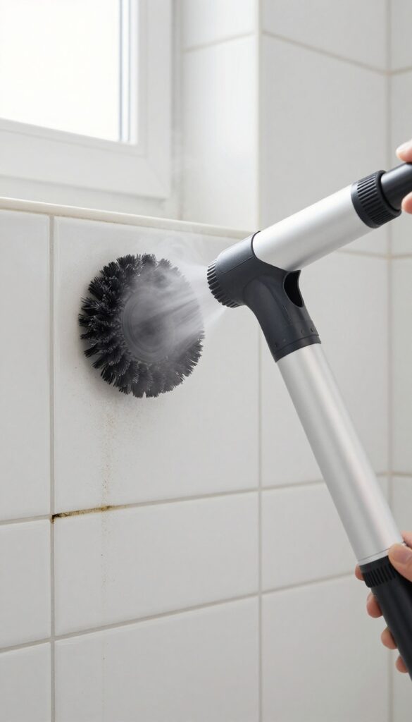 Handheld steam cleaner cleaning moldy shower grout with steam rising
