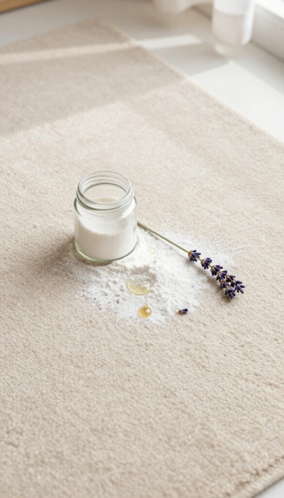 Cornstarch carpet deodorizer being sprinkled on a beige wool carpet with lavender and essential oil nearby.