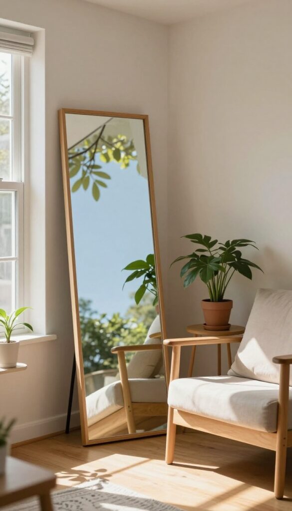 A tall floor mirror angled toward a window in a small living room, reflecting daylight and tree branches, with cozy decor nearby.