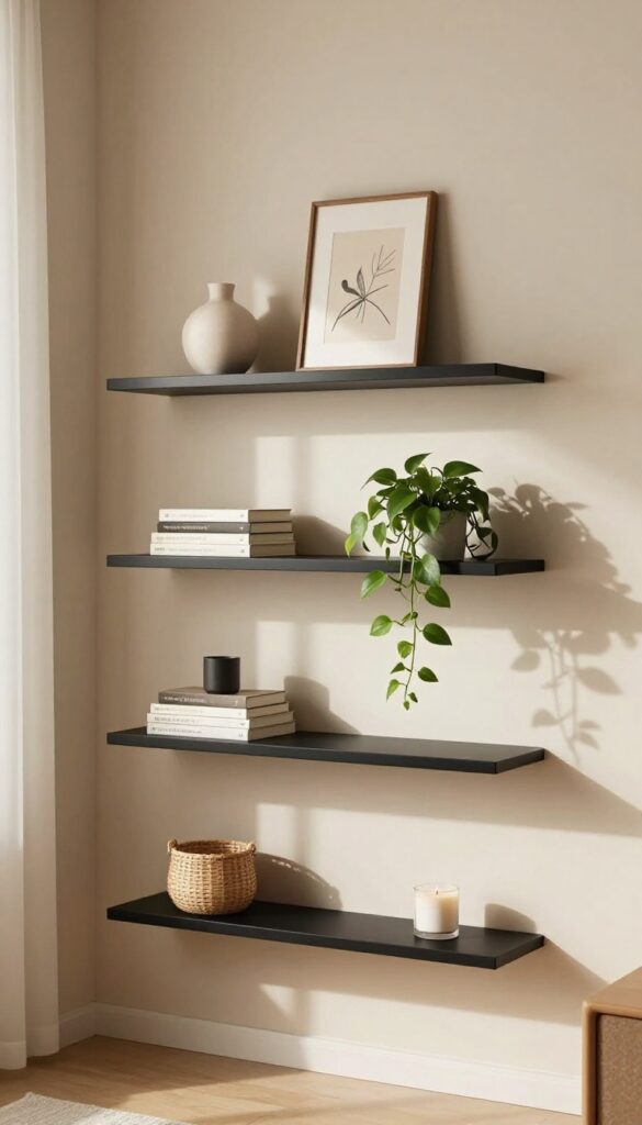 Staggered floating shelves at different heights on a living room wall with books, plant, art, and decor