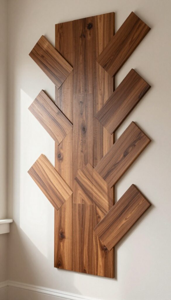 DIY herringbone wall pattern made from scrap wood in a living room