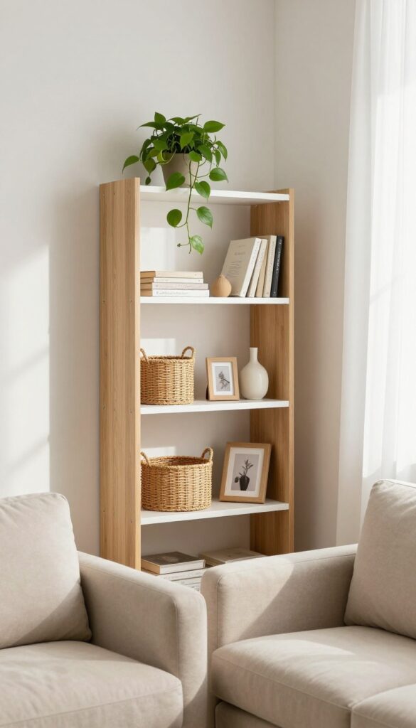 Small living room with a corner shelf unit providing vertical storage, light wood shelves with plants and decor, bright natural light.