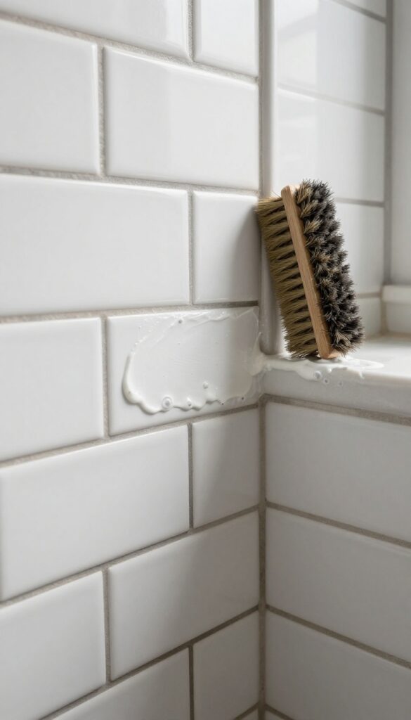 Applying hydrogen peroxide and baking soda paste to grout lines on bathroom tiles
