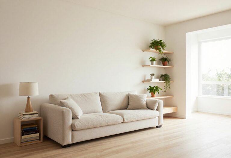 Small living room with floating console behind sofa and corner shelf, showing open pathway and storage-smart layout.