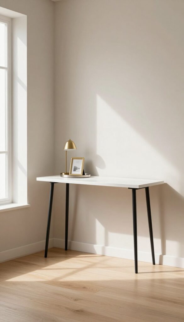Minimalist white console with hairpin legs in a bright living room corner, styled with metallic accents.