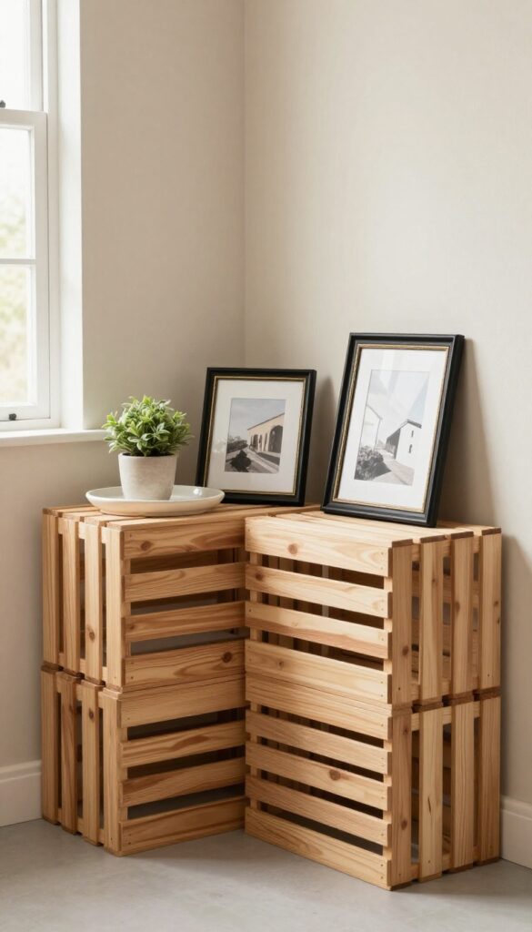 Stacked wooden crates in a living room corner, each holding framed art, with a plant on top, creating a rustic gallery wall display.
