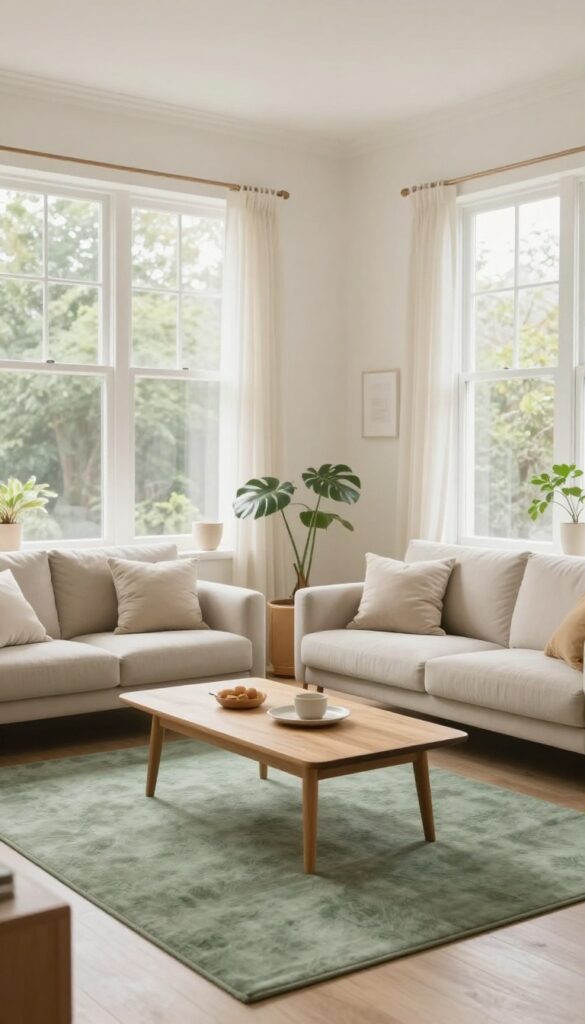 Sage green area rug under coffee table in bright living room