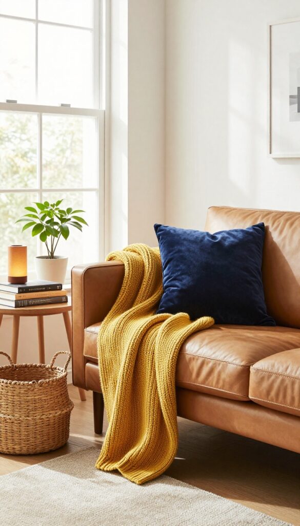 Cozy reading nook with leather sofa near window, side table with lamp and books, mustard throw and navy cushion, plant and woven basket.