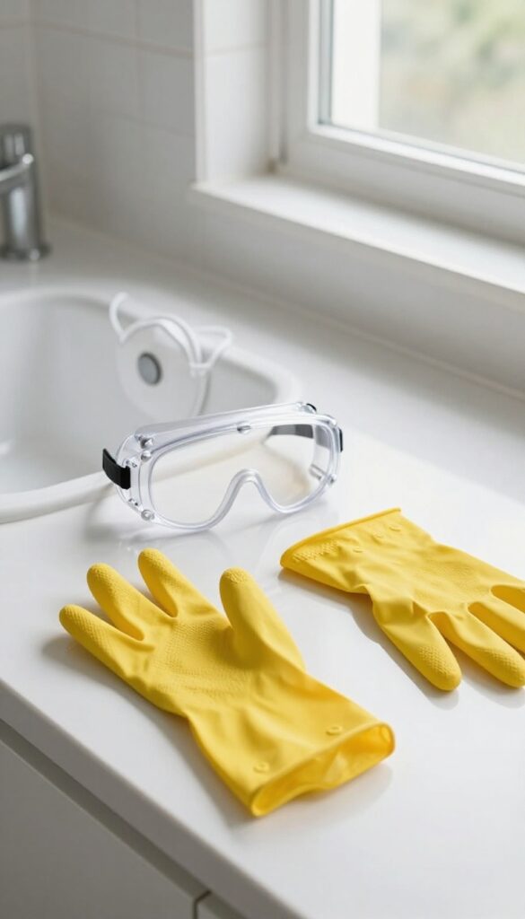 Safety gear for mold cleaning: rubber gloves, mask, and goggles on a bathroom counter